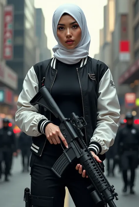  an asian woman in white hijab , medium body, big boobs fascinate,  using black t-shirt and white sleeve black varsity jacket, black tactical pants ,  white jordan shoes , holding a modern weapon , stand, background of a city full of police, hyper realisti...