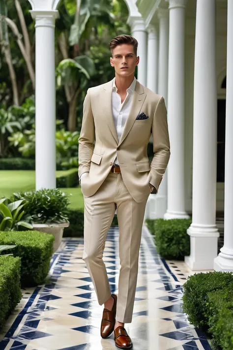 A vertically oriented image showcasing a sophisticated male model with fair skin, fully visible from head to feet, standing confidently on a polished marble pathway in front of a grand colonial mansion with white pillars and lush green gardens. The model w...