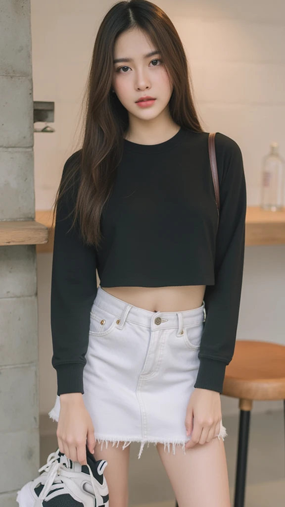 Thai woman, teenager, black long sleeve shirt, tight white miniskirt, bra strap, sexy legs, bulk sneaker, minimal cafe background