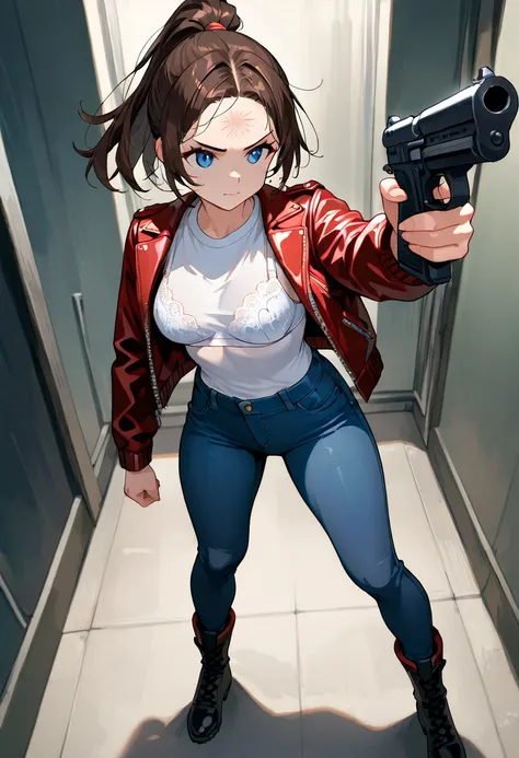 A young woman, athletic build, medium breasts, blue eyes, dark brown hair with a ponytail and two strands of hair bangs on her forehead, wearing a dark low-cut T-shirt, a white lace bra and a dark red leather jacket, blue jeans, military boots, with a gun ...