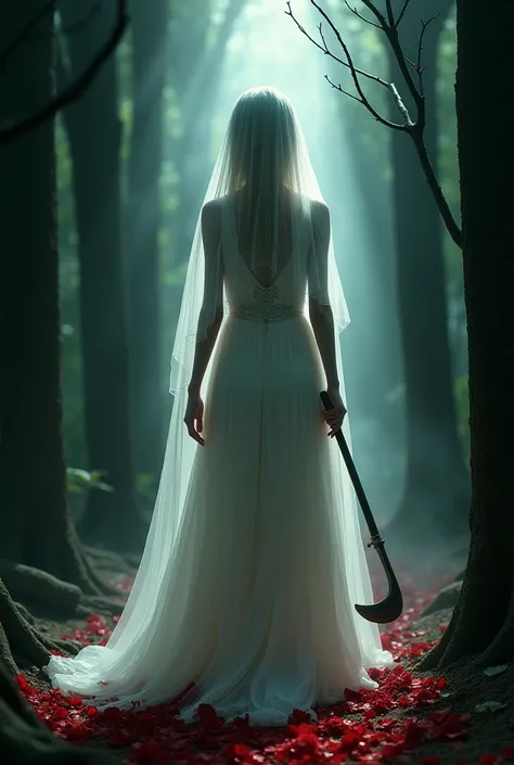 I want a girl in a white dress and who has a veil in her hair that covers her face and that there are two woods in the dark with Abel in her hand and who has red petals dripped everywhere with blood