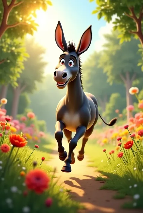  on donkey and running in garden 