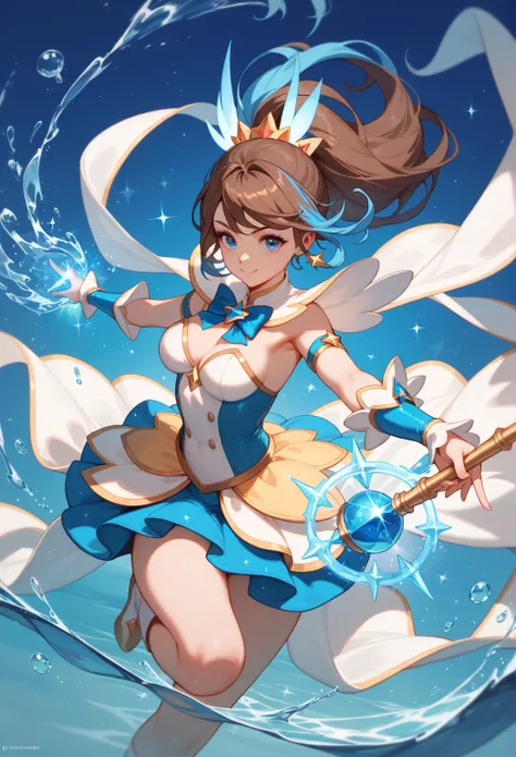 blue magical girl outfit，magical scepter, water magic, water sparkles, brown hair blue highlights, average breasts