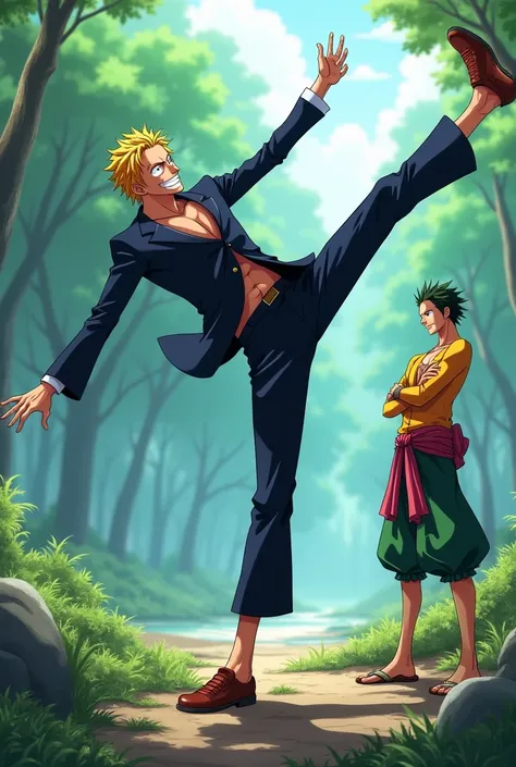  Sanji do a split with his leg up, And Zoro watching 