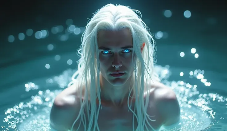  A tall, ethereal man emerging from the water ,  with shiny white hair that seems to be made of foam .  His deep blue eyes shine as if they contained the ocean . His body seems to be made of water and light ,  with translucent details that make him look li...