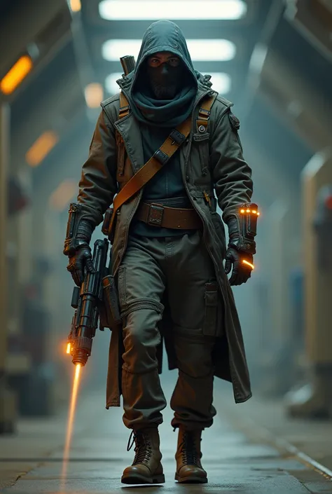 A futuristic smuggler wearing rugged yet stealthy attire, featuring a bandolier across his chest and a high-tech blaster rifle integrated into his wrist. He also has rocket boots with glowing thrusters, exuding a faint orange and blue glow, and fiber armor...