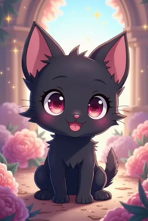  Black kitten puppy in anime style with red eyes, And the tip of the white tail 