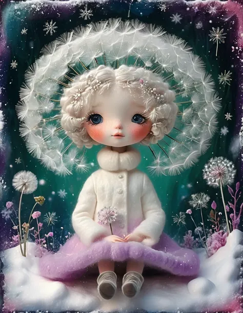 ❄

wonderful,  fabulous airy dandelion,  near the dandelion girl ,  lots of fluff , relief ,  plasticine ,  naive art , cartoony,
 beads ,  rhinestone , emeralds,  porcelain beauty ,  curls ,  snowy peaks , Mountains, snowflakes, white лес, white Christmas...