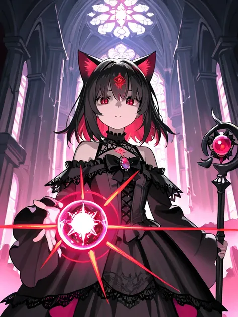 A gothic cat-eared witch with deep red eyes and a black lace gown stands in the ruins of an ancient cathedral. Her cat ears are adorned with glowing runes, and she holds a staff with a crystal orb, radiating dark energy. In the background, cat spirits move...