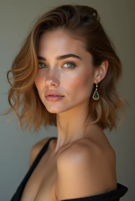 Create a highly detailed portrait of a stunning 21-year-old Russian woman with a blend of features resembling Scarlett Johansson and Ana de Armas. She has striking facial symmetry, soft almond-shaped eyes, and slightly wavy shoulder-length golden brown hai...