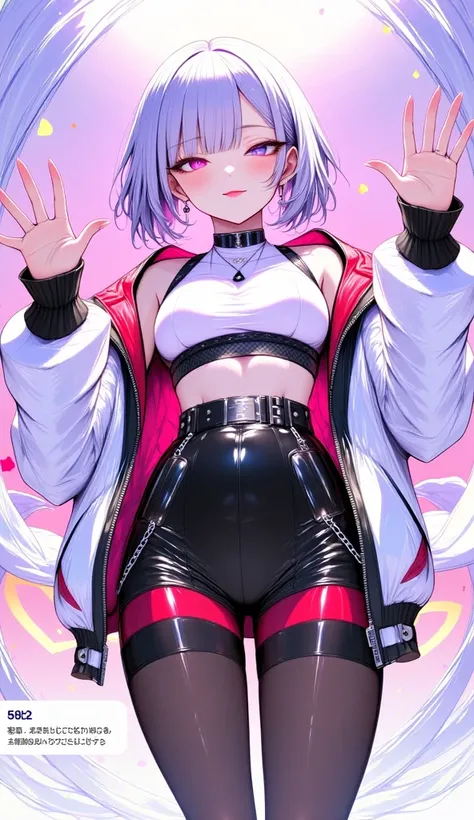 1girl, short hair, silver hair, solo focus, Highress, 2k, full body illustration, 
Eyes:
heterochromatic, left eyes is blue, right eyes is red. 
Clothing Description:

Top: Wearing a white crop top with black straps, layered with black mesh covering the ne...