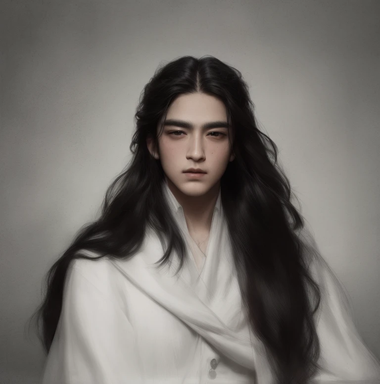 masterpiece, best quality, highres, Man with long black hair,young,Handsome face,(Lateral face) ,solo,sad,