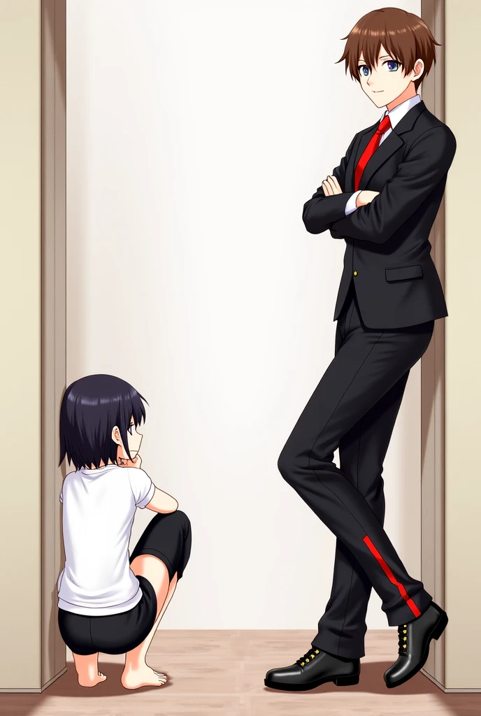  Male Character
-  * Physical Appearance :*
- Brown hair ,  disheveled floor
- Blue-gray eyes
- Slim and athletic build
-  *Posture and accessories:*
 - Leaning on a wall with one foot on the wall
- Crossed arms
- School uniform :
 - Black tailor-cut jacke...