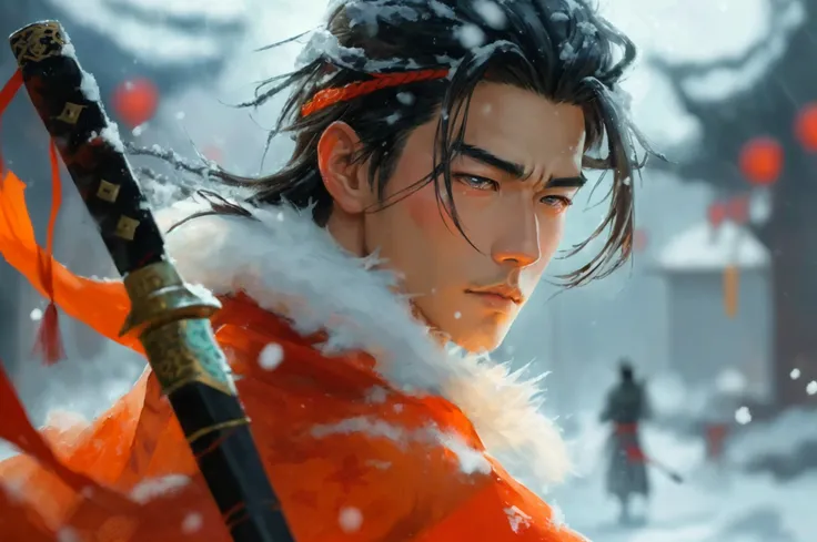 a close up of a male holding a spear in a snowy field, a character portrait inspired by Guan Daosheng, pixiv, shin hanga, handsome guy in demon slayer art, beautiful male god of death, full body wuxia, picture of a male cleric, yiqiang and shurakrgt, epic ...