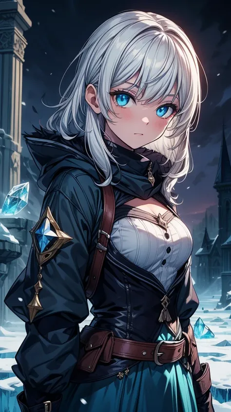 ((masterpiece, best quality:1.3, high detail)), beautiful woman looking at viewer, long straight hair, (white hair), hairpin, glowing blue eyes, dark blue, (white blouse long sleeves, coat), ((blue skirt)), (belt, gloves), collarbone, ((atmospheric, magic,...