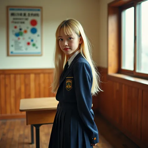 (JAPANESE_15yo:1.5),(blonde_hair:1.3),Portrait MagMix Girl looking at the camera,A retro school with wood walls, Vintage poster, bathed in warm sunlight, Analog Film Photography, Kodachrome,bangs,(narrow_eyes:1.3),smile,(black_long_hair:1.3),(navy_japanese...