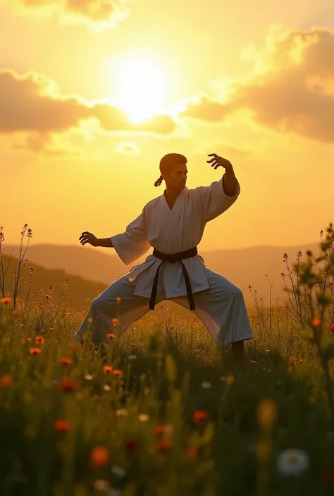 silhouette of karate  in meadow