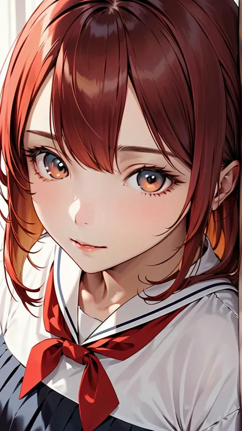 A 17-year-old girl wearing a classic sailor uniform(1.3), with a beautiful face(1.5), detailed and sharp facial features(1.4), and a gentle smile, calm expression(1.3). Her hairstyle is a half-up crown, with medium-length tousled soft vermilion red hair, s...