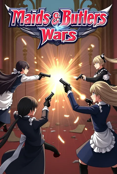 maids and butlers fighting each other, violence, title "Maids & Butlers Wars", video game, guns, anime