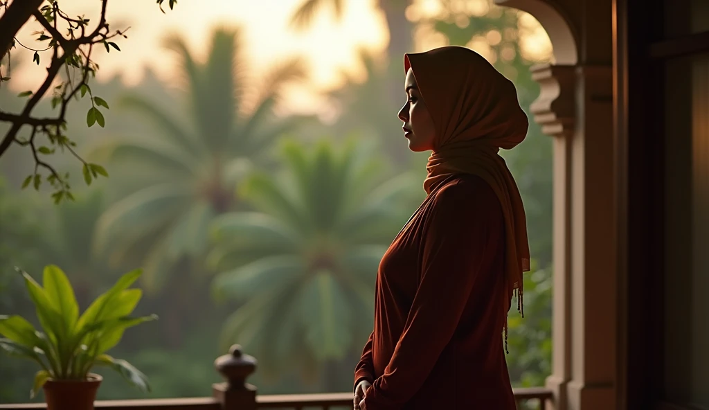 a beautiful, plump, sexy Indonesian mature mother wearing a tight sexy hijab is standing on the terrace of the house daydreaming