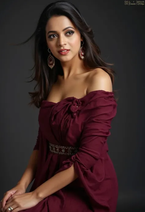 intricate detailed beautiful elegant Indian young woman, off-the-shoulder dress, leaning forward, cleavage, flawless skin, detailed facial features, delicate makeup, volumetric hair, dramatic lighting, cinematic composition, muted color palette, oil painti...