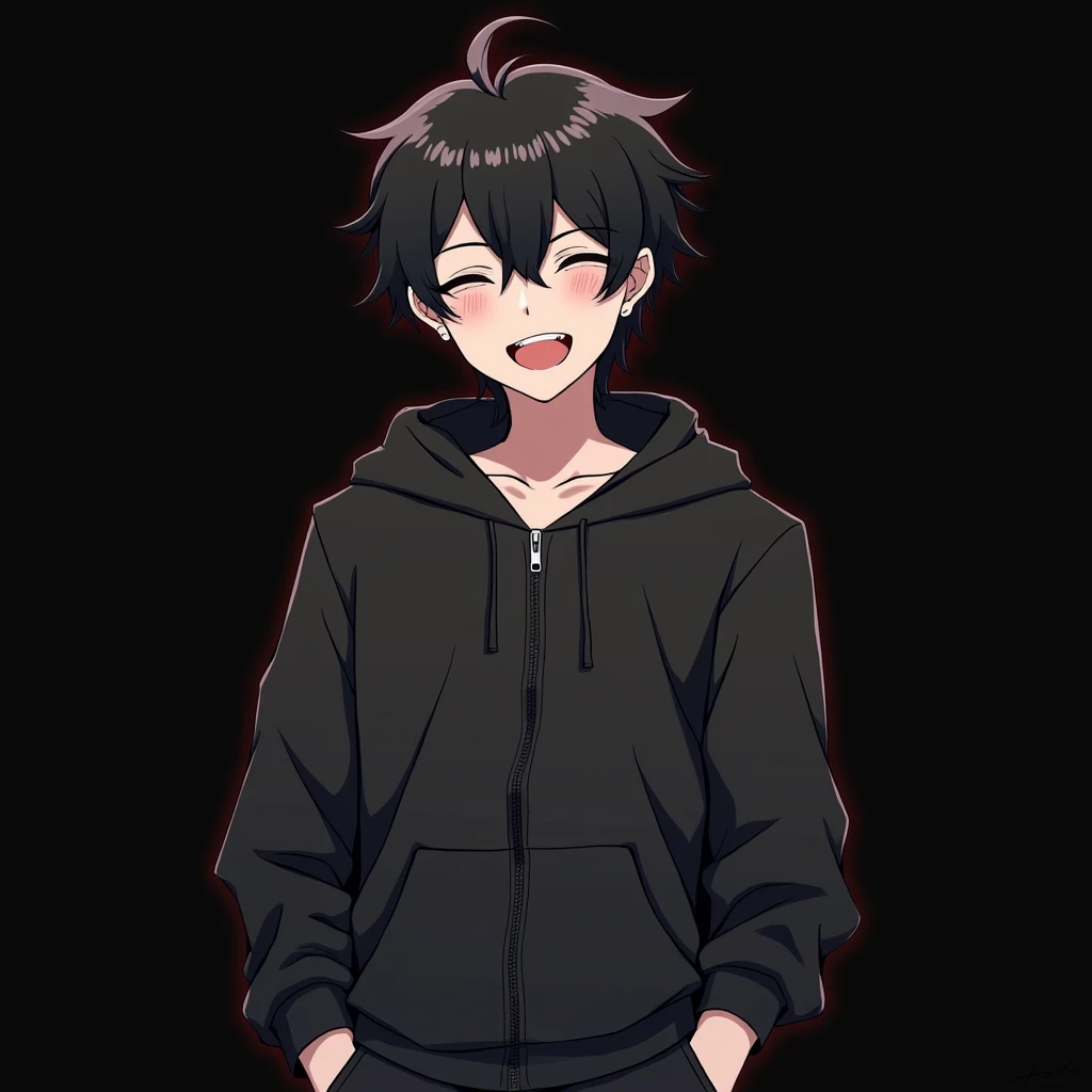 black hair  ,     black eyes   ,Beautiful Boy,young boy,, Pure white skin, button,Thin chest,Cute Breasts ,   Sloping shoulders   ,  Elegant  ,   Cute Boy   ,flexible, Black long sleeve T-shirt ,  wearing a black zippered hoodie,   black cargo pants  ,    ...