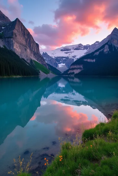 "A crystal-clear mountain lake reflecting the vibrant colors of the setting sun, surrounded by towering snow-capped peaks. The calm waters create a mirror-like effect, with lush greenery on the shores and a few wildflowers dotting the landscape."