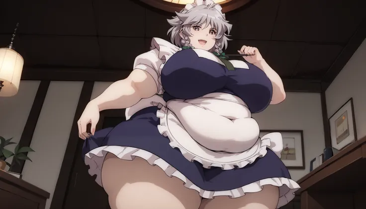 masterpiece、 best quality， very sophisticated、 pantyhose ，（from below ：1.25），Sakuya izayoi，East，alone，Maid head dress、Maid，apron，Short sleeve， dress, Gray Hair, chubby, obese, gigantic arms and legs, large breasts open mouth, elegant sexy pose to the viewe...