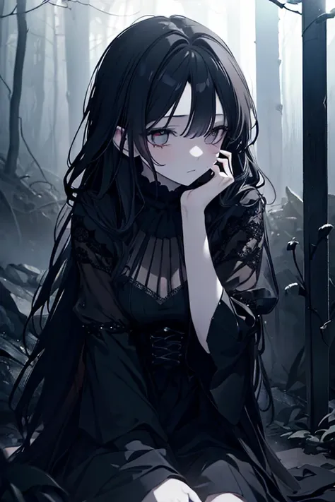 a lonely girl, dark and gloomy atmosphere, depressed expression, pale skin, long dark hair, wearing a black dress, sad eyes, looking down, sitting on the ground, forest background, moonlight, dramatic lighting, muted colors, melancholic, emotional, somber,...