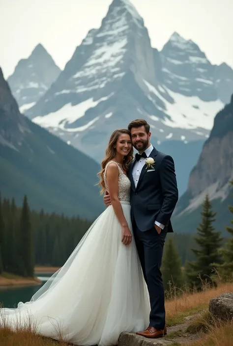 Photo of the groom and the woman on the background of the mountain 