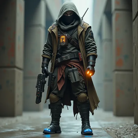 A futuristic smuggler wearing rugged yet stealthy attire, featuring a bandolier across his chest and a high-tech blaster rifle integrated into his wrist. He also has rocket boots with glowing thrusters, exuding a faint orange and blue glow, and fiber armor...