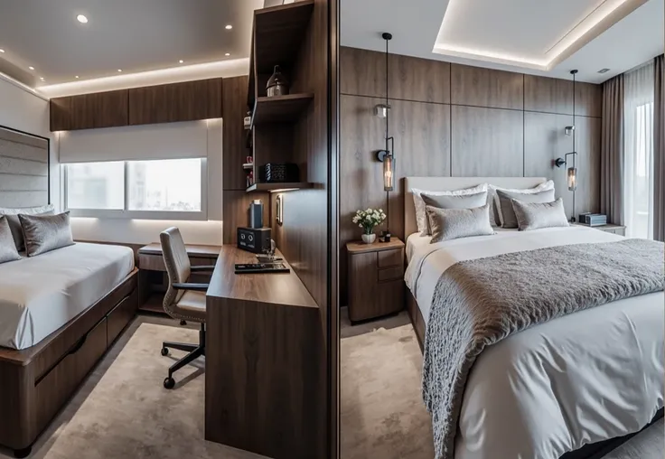 A room like the one on the left with the same theme but darker and with a larger bed 