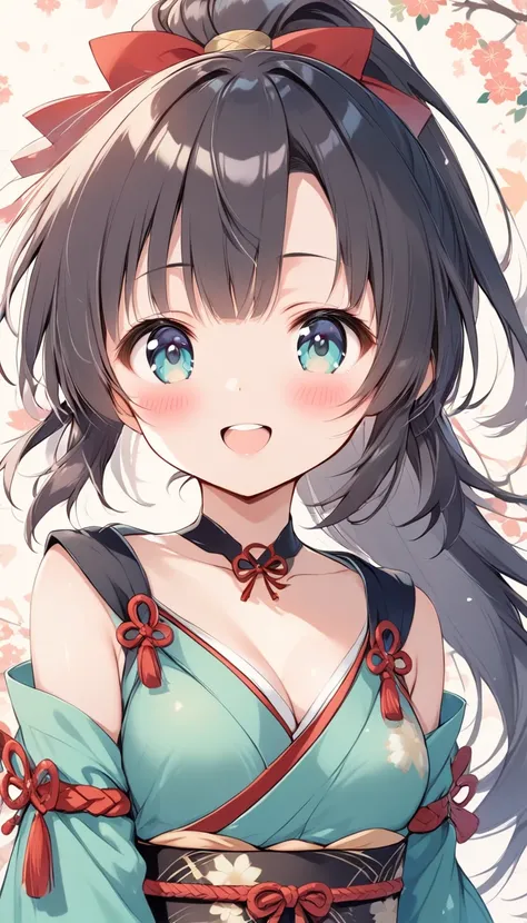 Vector art、 one girl、 Warring States period、Japanese style background、cute shy smile、Ninja、sakurafubuki、( petite girl:1.4)、Front teeth、(blush) normal breasts、 ponytail、 open chest 