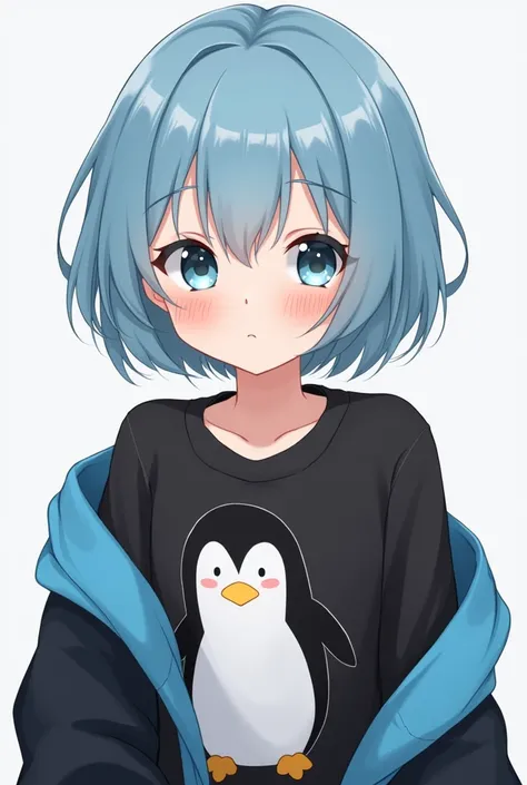 Anime girl with short blue hair wearing a black shirt with a penguin print and a blue and black sweatshirt