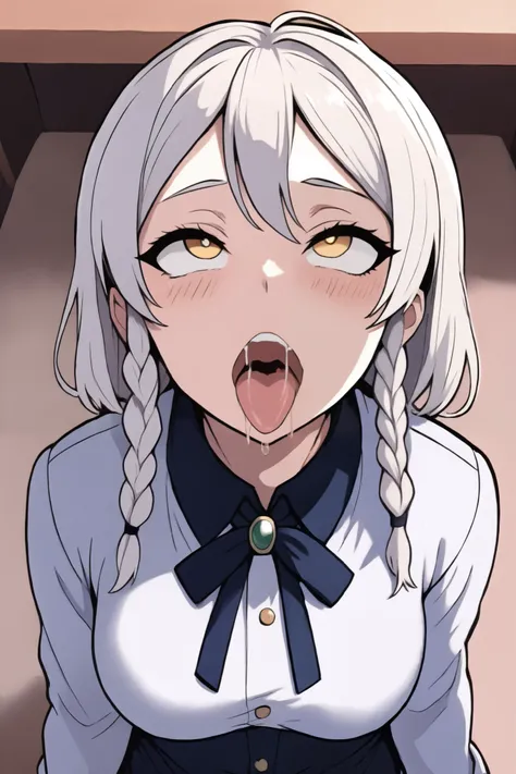  best quality,  masterpiece , white hair,  golden eyes, in white clothing ,  looking up,  upper body,hair strand, fair skin , side braids, ahegao 