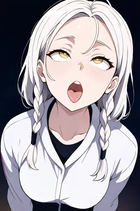  best quality,  masterpiece , white hair,  golden eyes, in white clothing ,  looking up,  upper body,hair strand, fair skin , side braids, ahegao 