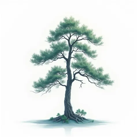 a 3d pine tree，Transparent texture，The edges are clearly lined， in the style of traditional Chinese landscape painting， white background， High-resolution fine details 