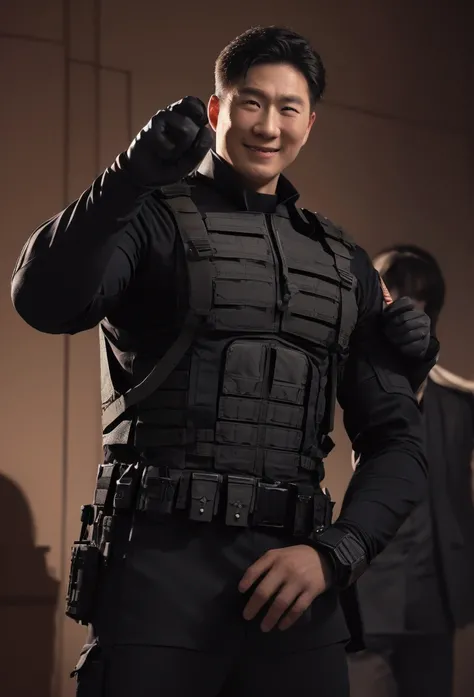 2men, 1 American, 1 Chinese, a defeated American man in tactical gear, hands raised in surrender, being apprehended by a muscular smiling handsome-faced Chinese man in a tight fitting dark suit, cinematic lighting, highly detailed, dramatic, photorealistic...