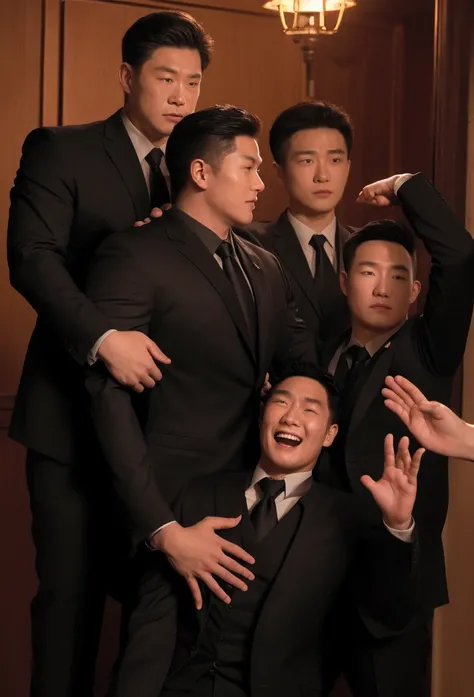 2men, 1 American, 1 Chinese, a defeated American man in tactical gear, hands raised in surrender, being apprehended by a muscular smiling handsome-faced Chinese man in a tight fitting dark suit, cinematic lighting, highly detailed, dramatic, photorealistic...