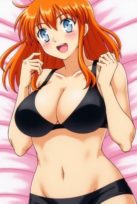 Matsumoto Rangiku, Anime, 40 years old,mole under mouth, huge breast, seductive expression, cleavage, black sports bra, orange hair, long hair, blue eyes, busty body, navel exposure, navel piercing, heavy breathing, breast squeeze, 