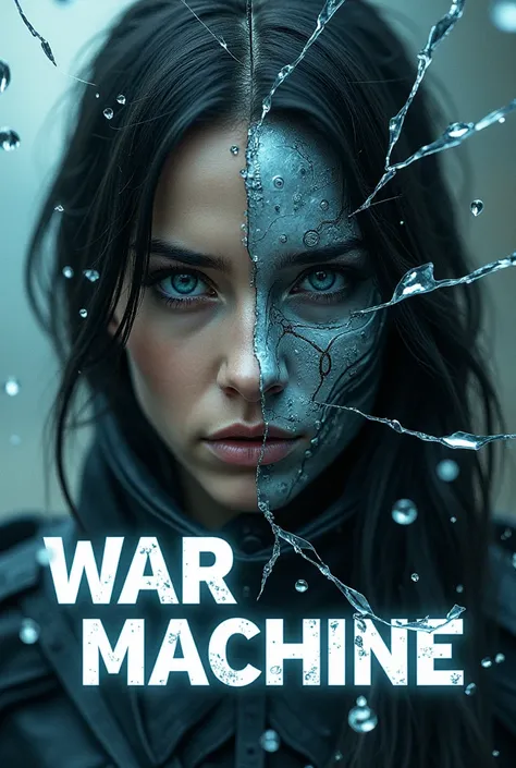 "A chaotic science fiction book cover titled War Machine. The central focus is a shattered glass foreground, with jagged cracks and fragments that reveal two faces. In the background, a woman with striking black hair and intense, piercing blue eyes stares ...