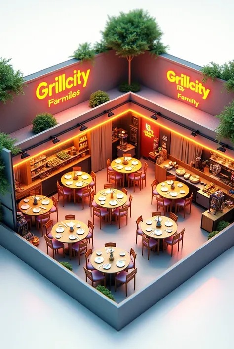 3D plan of a youth restaurant with capacity for 50 people with the Grillcity FAMILY logo 