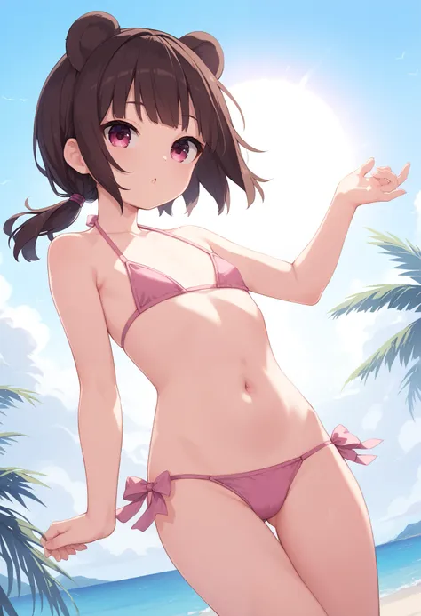 masterpiece, best quality, wallpaper, 1 cute small girl, loli, short hair, darck brown hair, straight hair, straight bangs, fringe, low ponytail, bear ears, crimsonn eyes, flat chest, pink bikini, sexy navel, legs, floating in sky, a navel closeup, warm so...