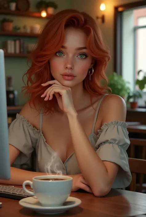 Beautiful girl of about 24 years old with reddish hair and green eyes looking at her computer in a coffee shop