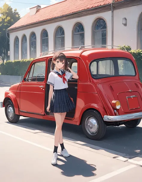 A teen schoolgirl is standing next to a red car