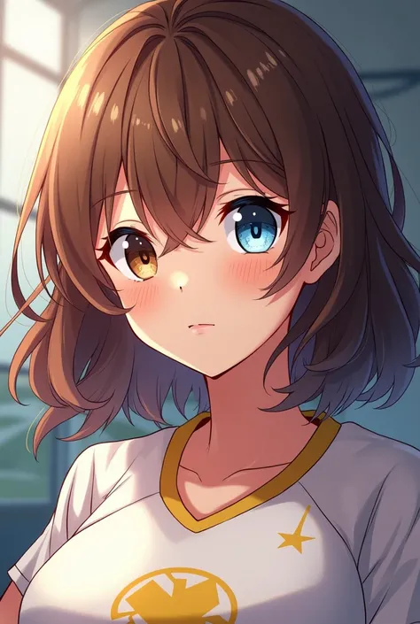 An anime-style girl from Haikyuu,  tez blanca,  with heterochromia ,  her right eye is brown and her left eye is blue,  wavy brown hair with blonde highlights  