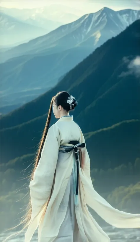 "A Japanese woman with long hair dressed in a flowing kimono, standing amidst towering mountains, symbolizing challenge and overcoming obstacles. The scene conveys a sense of triumph and inner strength. High-quality, 8K."