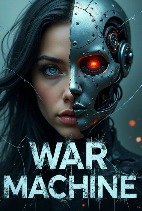 "A chaotic science fiction book cover titled War Machine. The central focus is a shattered glass foreground, with jagged cracks and fragments that reveal two faces. In the background, a woman with flowing black hair and piercing blue eyes stares forward wi...