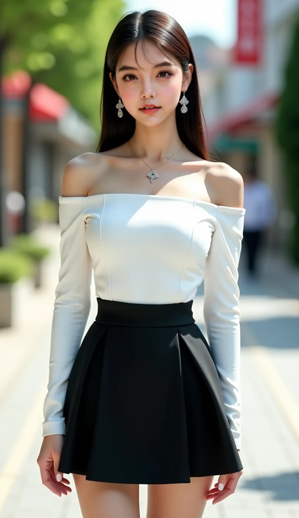 High quality 16K，  ultra-realistic style  ， frontal standing position  ， photograph a womans full body  ，  woman wearing a stylish off-the-shoulder white dress，Ji Qie， woman with long earrings on her ears  ，黑色Ji Qie发型 ，A neatly cut Ji Qie hime cut hairstyl...