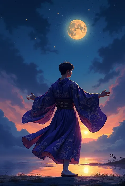 An abstract illustration using only three colors—deep indigo, rich purple,and soft gold—to capture the inspiration of nightfall. These colors blend seamlessly,creating a serene and mystical atmosphere. Deep indigo represents the calm stillness of night,ric...